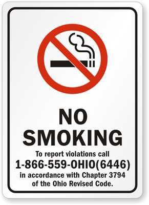 NO SMOKING To report violations call Sign