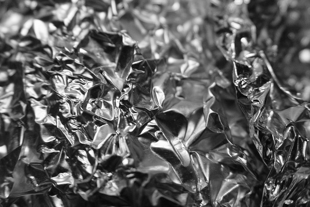 A close-up of crumpled tin foil. 