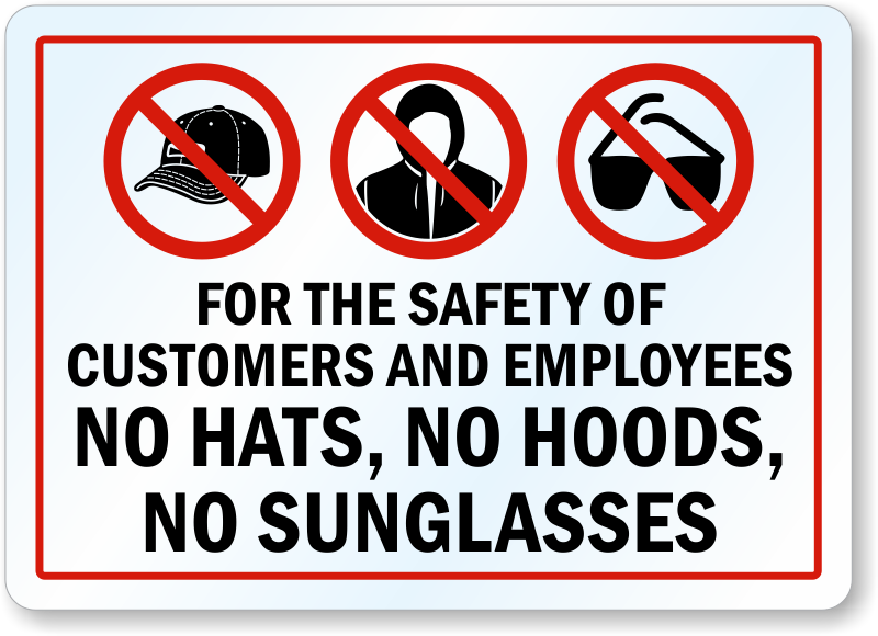 Not allowed tv текст. No hats no Hoods. No cap no Hoods. No hat. No Safety signs.