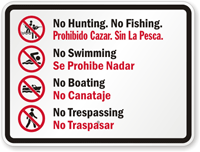 Bilingual No Hunting, No Fishing, No Boating Sign