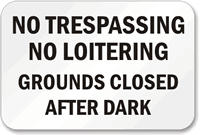 No Trespassing Loitering Grounds Closed After Dark Sign