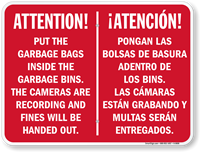 Bilingual Attention Put Garbage Bags Inside Bins Sign
