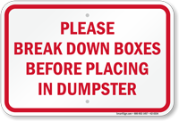 Break Down Boxes Before Placing In Dumpster Sign