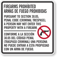 Section 30.05 Enter Property With Firearm Prohibited Criminal Trespass Texas Gun Law Sign