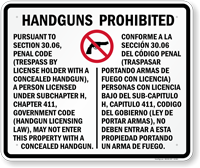 Bilingual Handguns Prohibited Sign for Texas State - (section 30.06)