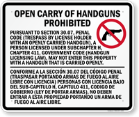 Bilingual Open Carry Of Handguns Prohibited Sign for Texas State (Section 30.07)
