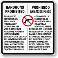 Section 30.6 Texas Law - Concealed Handguns Prohibited Sign