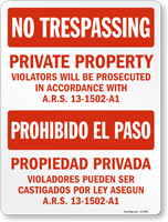 Arizona Bilingual Private Property No Trespassing Sign