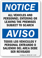 Notice Vehicles Personnel Subject To Search Bilingual Sign