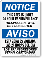 Bilingual Area Under 24 Hour TV Surveillance Sign
