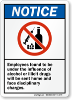 Employees No Alcohol Or Illicit Drugs Sign