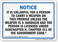 Handgun Warning Sign for Texas, Blue