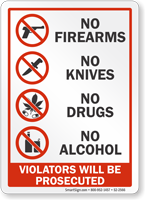 No Firearms Knives Drugs Alcohol Sign
