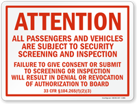 Passengers And Vehicles Subject To Security Screening Sign