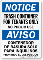 Trash Container For Tenants Only Bilingual Sign
