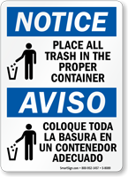 Place Trash In Proper Container Sign