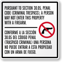 Firearms Prohibited On Property Criminal Trespass Texas Gun Law Sign - Section 30.05