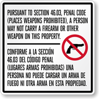Firearms Or Other Weapons Prohibited Texas Gun Law Sign - Section 46.03